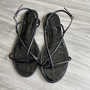 Schutz Malta Flat Strappy Sandals Black Croc Embossed Size 8